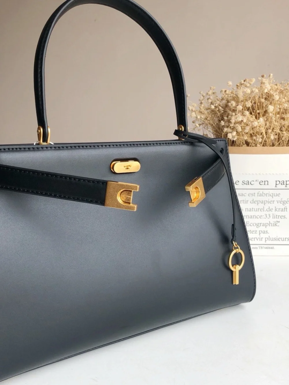Tory Burch Black Leather Top-Handle Satchel with Gold Hardware